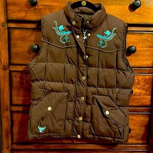 Cowgirlrl Hardware brown puffer vest with blue embroidery and bling design